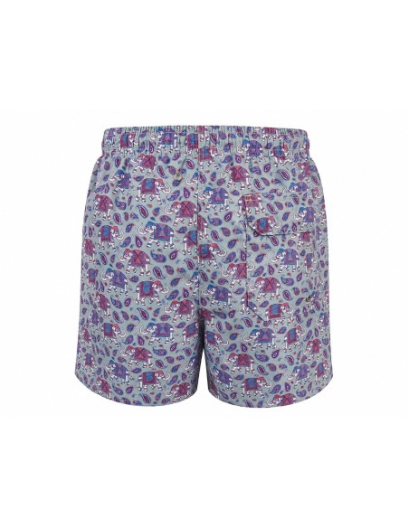 Traje de baño gris con estampado de elefantes indios en tonos burdeos.
