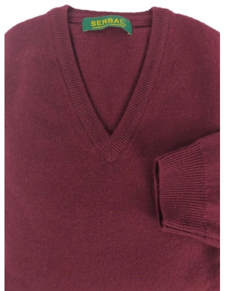 Jersey de cuello de pico lana 100% burdeos
