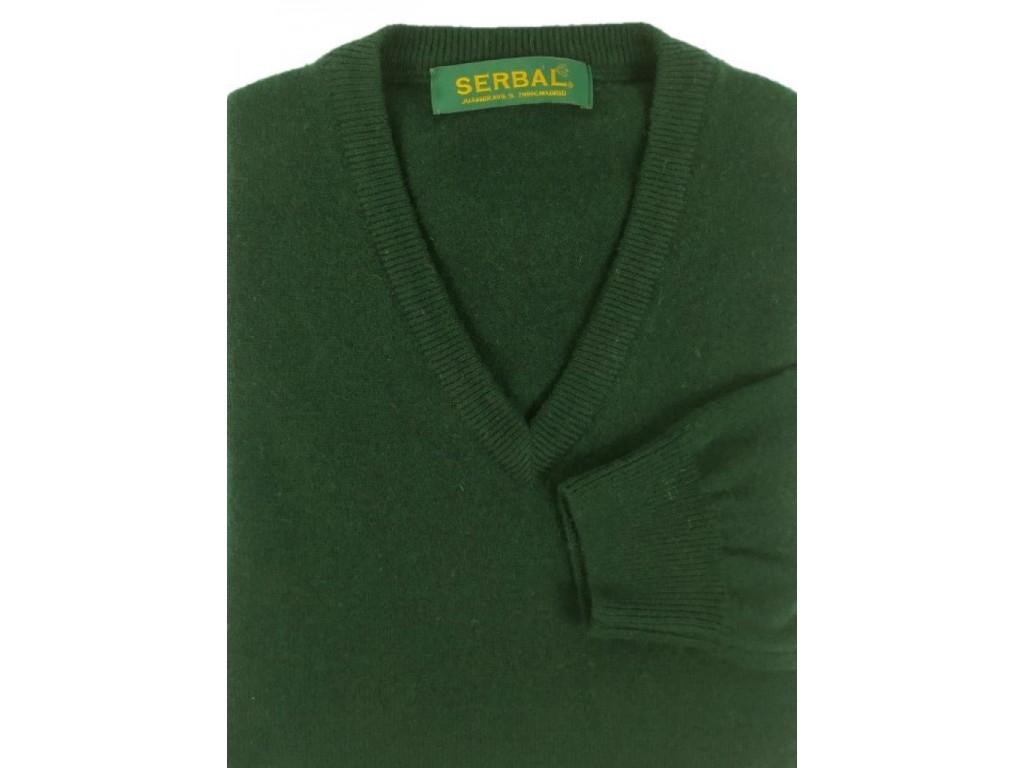 Jersey de cuello de pico en lana 100% verde botella