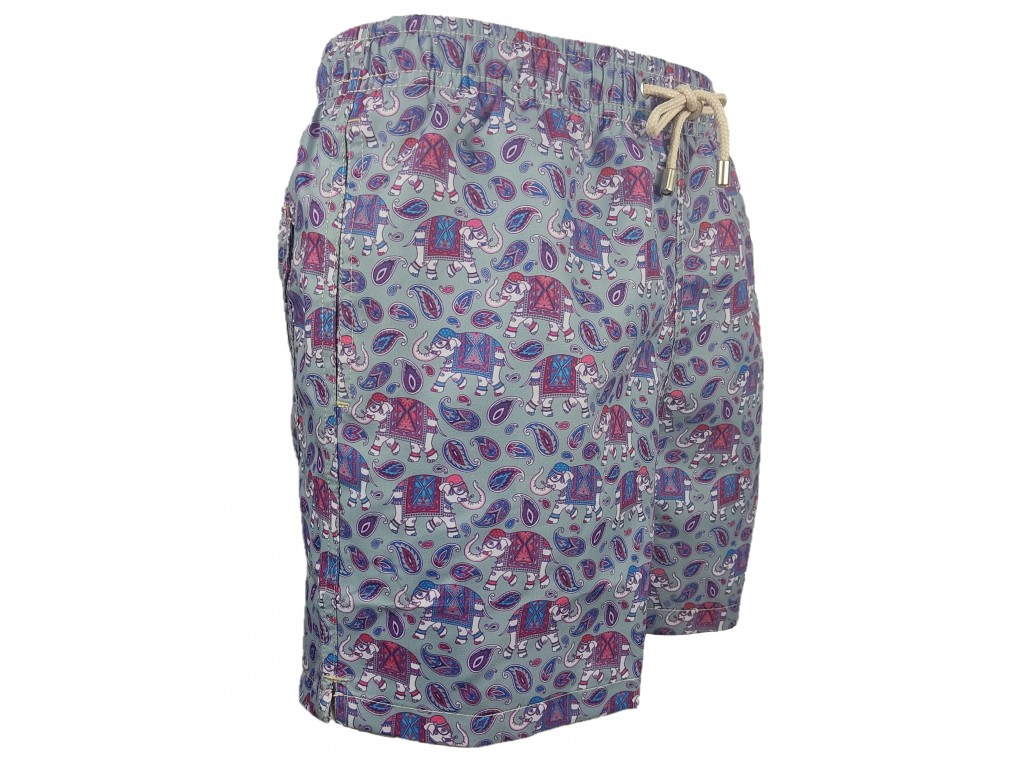 Traje de baño gris con estampado de elefantes indios en tonos burdeos.